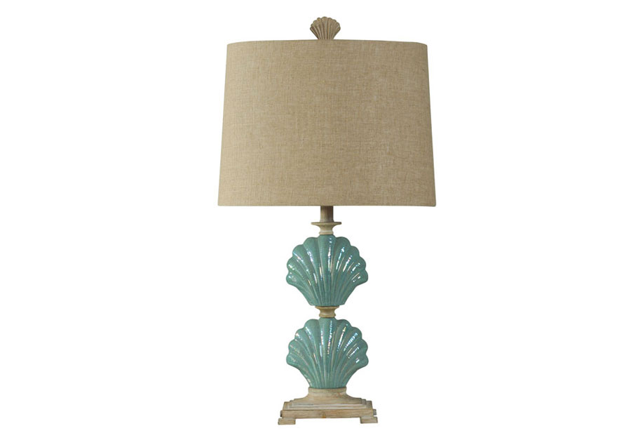 StyleCraft Teal Ceramic Clam Shells Table Lamp with Natural Linen Shade