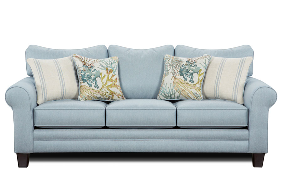 Fusion Labyrinth Sky Queen Sleeper Sofa with Coral Reef Caribbean and Wakefield Chambry Accent Pillows