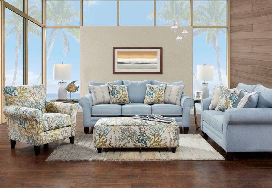 Fusion Labyrinth Sky Queen Sleeper and Loveseat with Coral Reef Caribbean and Wakefield Chambry Accent Pillows