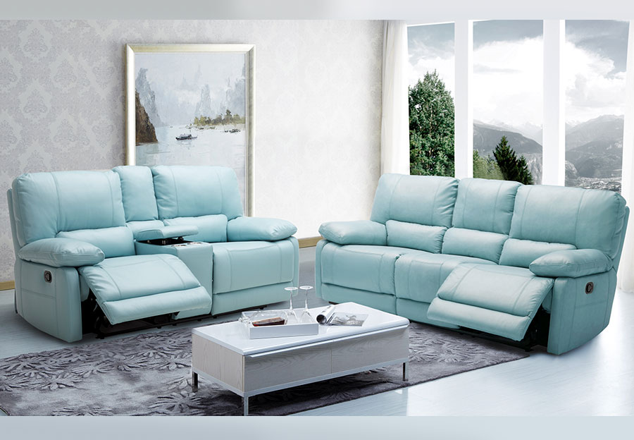 Kuka Maui Light Blue Leather Match Reclining Sofa and Reclining Console Loveseat