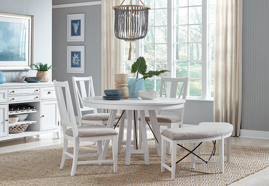 Magnussen Heron Cove White Round Dining Table with Two Side Chairs and Curved Bench