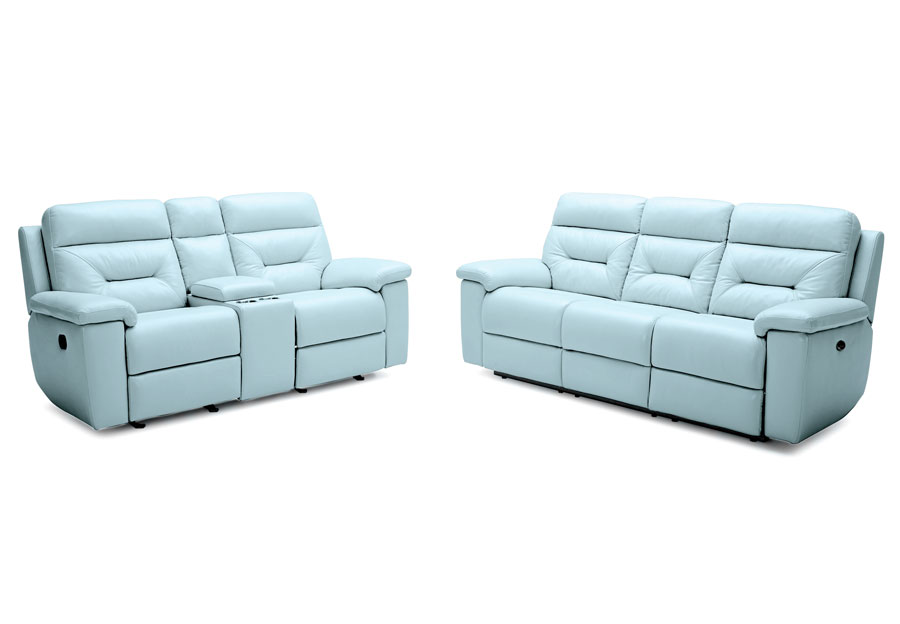 Kuka Grand Point Pastel Blue Manual Leather Match Reclining Sofa and Reclining Console Loveseat
