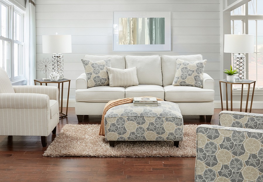 Fusion Max Pearl Sleeper Sofa and Loveseat with Shiplap Sand and Seashore Sand Accent Pillows