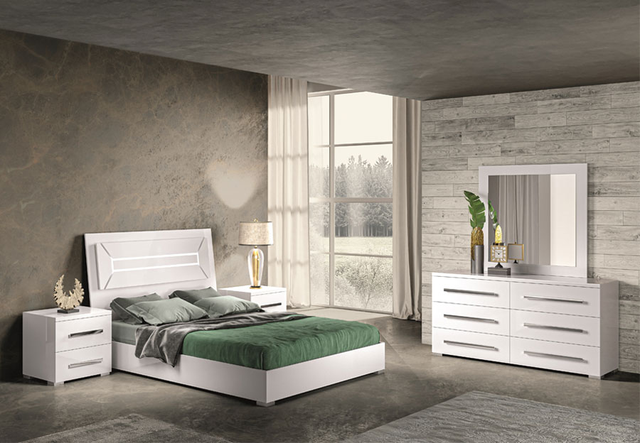 NCA Design Panama Glossy White Dresser, Mirror, and Queen Bed