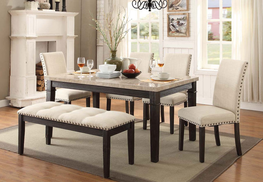 Elements Greystone Dining Table with Two Side Chairs and Bench