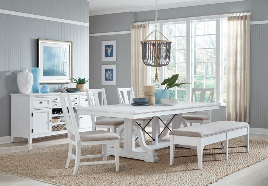Magnussen Heron Cove White Dining Table with Two Side Chairs and Bench