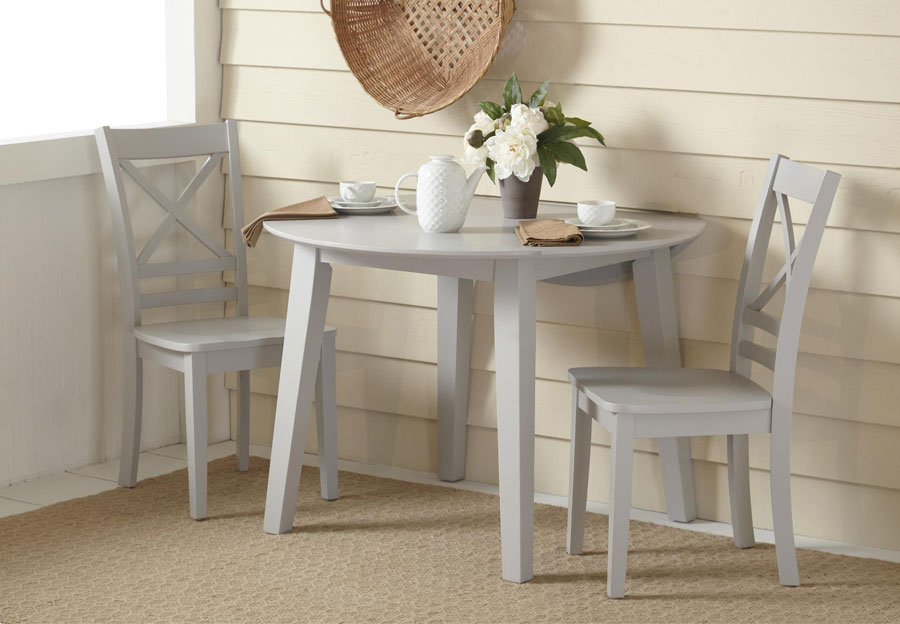 Jofran Simplicity Dove Round Drop Leaf Dining Table with Two X-Back Side Chairs