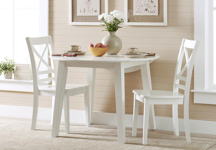 Jofran Simplicity White Round Drop Leaf Dining Table with Two X-Back Side Chairs