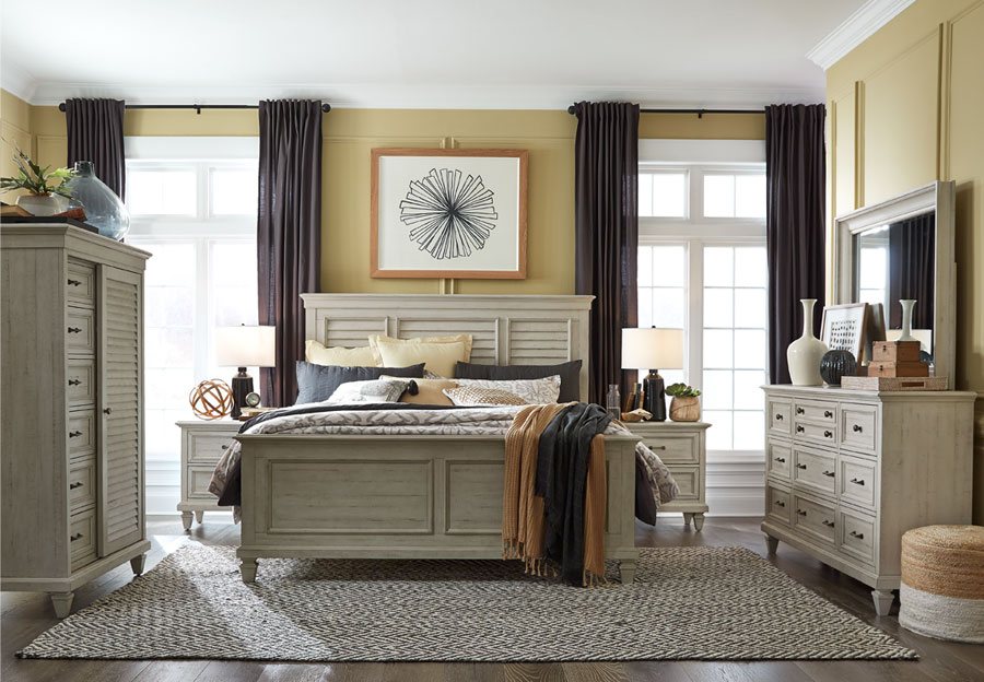Magnussen Newport Alabaster Queen Shutter Bed, Dresser, and Mirror