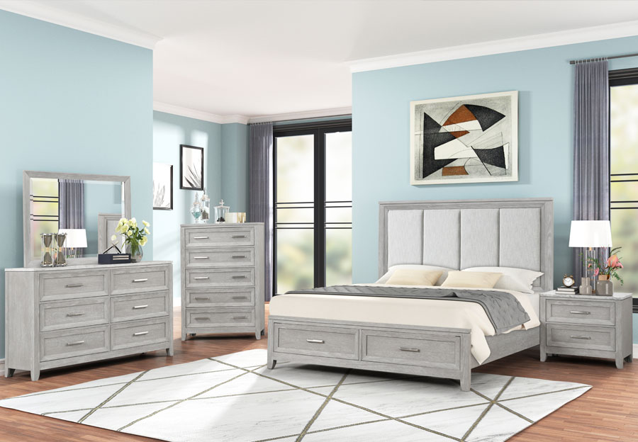 New Classic Fiona Mist Grey Dresser, Mirror and Queen Bed